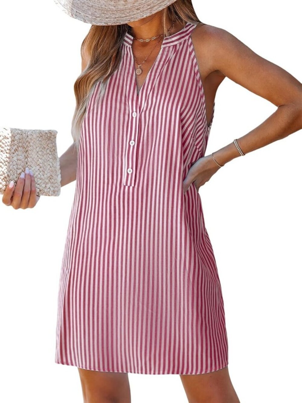 Striped Halter V-Neck Button-Up Mini Dress - Chic Summer Shift Dress for Women